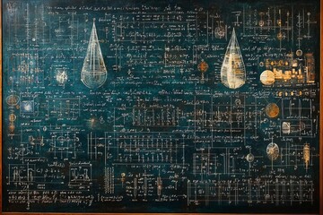 Chalkboard inscribed with scientific formulas and calculations in physics and mathematics. , isolated on white background,  , copy space for text,