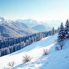 Serene landscape of snow-covered hills with mixed trees, serene, snow