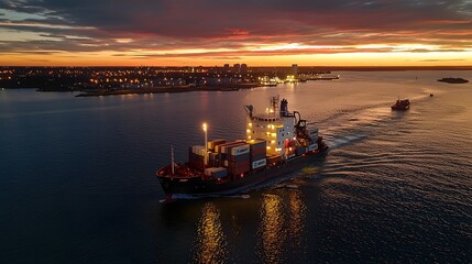 Fototapeta premium Majestic sunset lit cargo ship sailing across the vast open sea its stacked shipping containers reflecting a warm golden glow on the tranquil waters