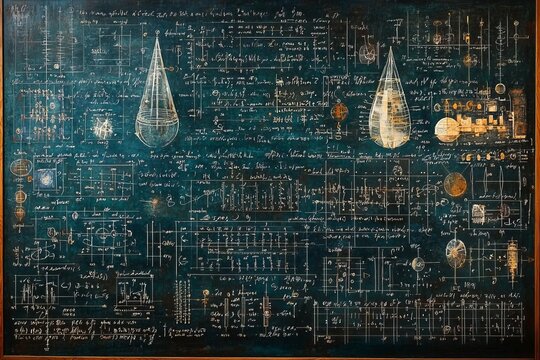 Chalkboard inscribed with scientific formulas and calculations in physics and mathematics. , isolated on white background,  , copy space for text,