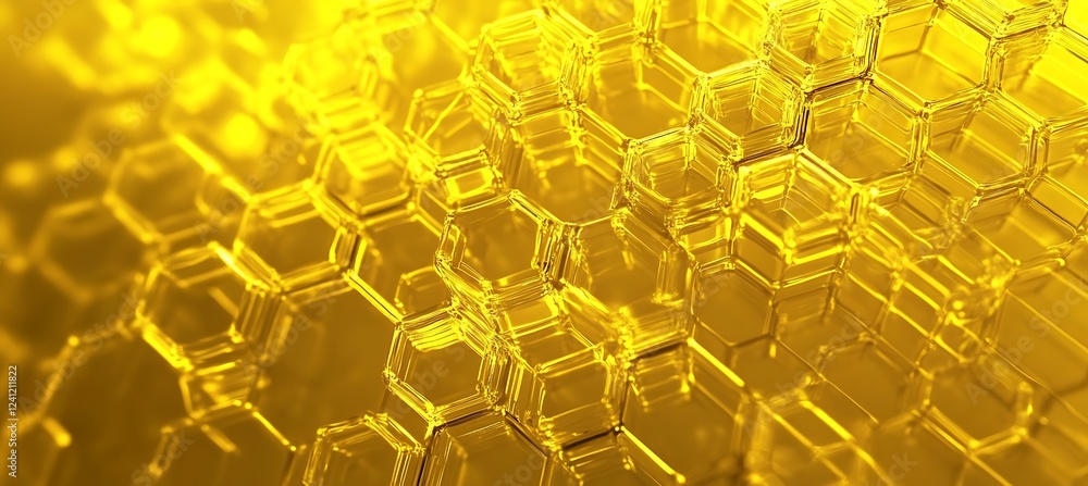 Poster a sleek yellow background enhanced by abstract hexagonal patterns, creating a clean and polished art