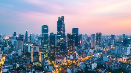 Vibrant Aerial View of Bustling Cityscape with Illuminated Skyscrapers Symbolizing Economic Growth