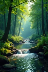 Fototapete Serene river flowing through the lush forest canopy, rivers, peaceful © suchetpong