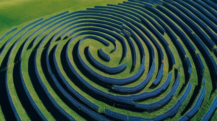 Solar Panel Array in Spiral Design on Green Grass Field