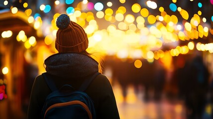 Person enjoying vibrant city lights at night.