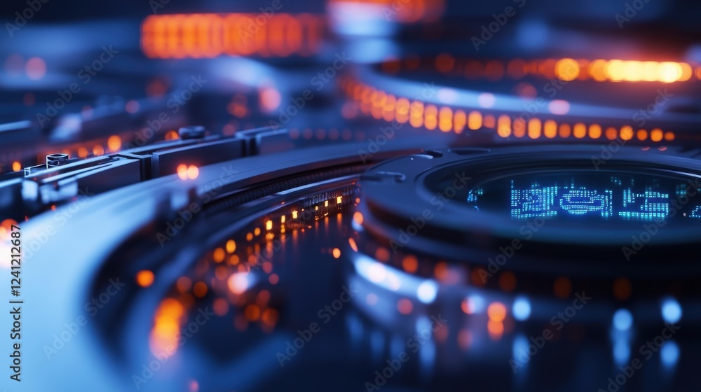 Aufkleber complex machinery with glowing lights and digital displays processing data in a modern industrial fa