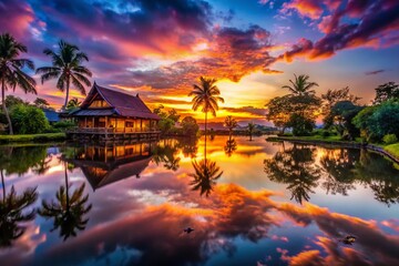 Fototapeta premium Serene Sunset Reflection: South Sulawesi House & Trees on Pond