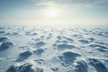 Obraz premium Sunlit, windswept snow field; textured ice formations under a bright sky.