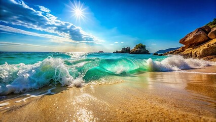 Summer Beach Scene: Turquoise Waves Crashing on Rocky Sandy Shore