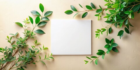 Summer Flat Lay: White Paper & Green Branches on Light Background