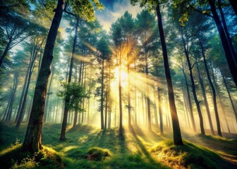 Obraz premium Sun Dappled Forest Double Exposure: Mystical Woods and Golden Light Stock Photo