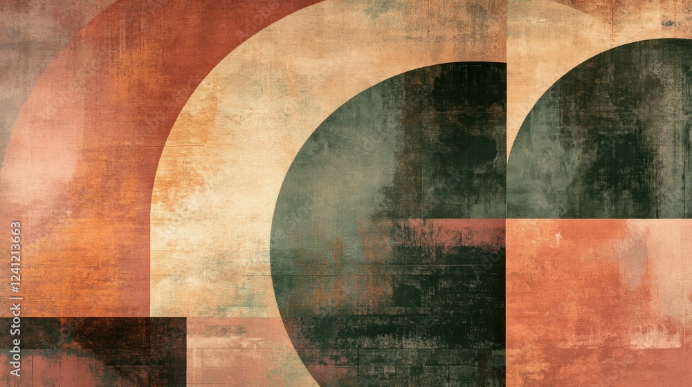 Poster abstract geometric design with warm earthy colors and textured surfaces displayed in sections
