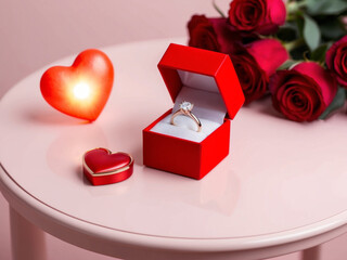 The diamond ring in a small red box with the delicate tender glowing red heart, and the bouquet of blooming red roses on pink table.