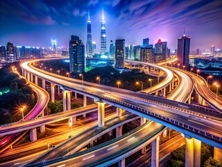 Fototapeta premium Shanghai Night: Elevated Road Junction & Interchange Overpass Bokeh Photography