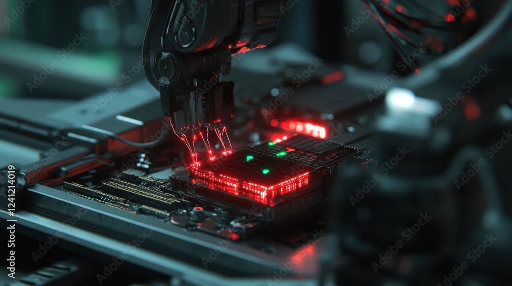 Poster robotic arm installing microchip on motherboard, representing innovative manufacturing processes and