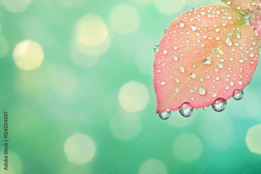 Poster fresh water droplets on colorful leaf with soft bokeh background