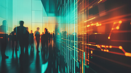 Group of business people silhouettes in modern office building and business network concept. Human resources with pastel innovation charts and graphs with statistics to analyze business