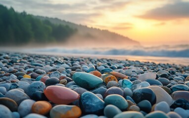 Colorful pebbles on a misty beach at sunrise with soft waves