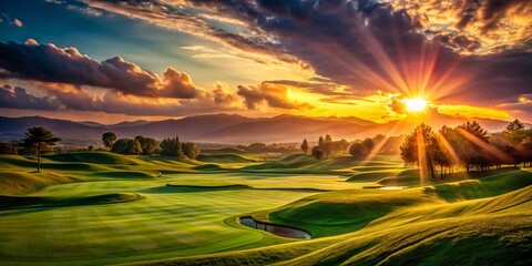 Silhouetted Golf Course at Sunset with Sun Rays - Stunning Landscape Photography