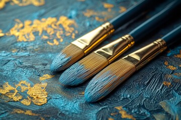 Fototapeta premium fine brushes dipped in gold paint, lying on a worktable with intricate patterns