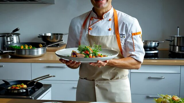 Professional Chef Presenting a Gourmet Dish in a Modern Kitchen with Fresh Ingredients and Cooking Equipment

