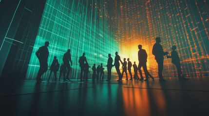 Group of business people silhouettes in modern office building and business network concept. Human resources with pastel innovation charts and graphs with statistics to analyze business