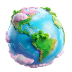 Colorful cartoon globe with trees and clouds depicting a playful, vibrant view of earth