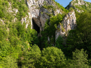Huda lui Papara cave in Apuseni Mountains, Transylvania. Large cave entrance surrounded by cliffs and lush forest, revealing the rugged beauty of Romania natural landmarks.