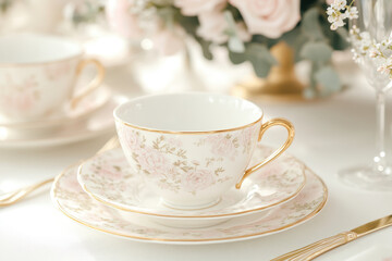 Fototapeta premium Elegant floral teacup on a white table setup with delicate golden accents