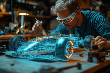 an engineer or designer wearing high-tech augmented reality glasses working on a holographic model of a racing car. 