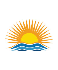 Bright sun rising over ocean waves vector illustration. Perfect for summer designs, travel logos, beach-themed graphics, and nature-inspired artworks. Ideal for digital, print