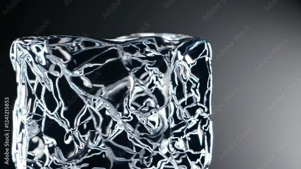 Poster Captivating close-up of a textured ice cube melting under warm light in a dark setting