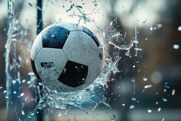 Fototapeta premium Soccer Ball Breaking Through Glass in Action Moment of Energy