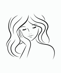 Graceful minimalist line art of a serene woman with flowing hair, resting her face on her hand. Ideal for beauty, wellness, and feminine branding.

