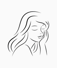 Minimalist line art of a peaceful woman with flowing hair, resting her face on her hand. Perfect for beauty, wellness, and feminine branding.

