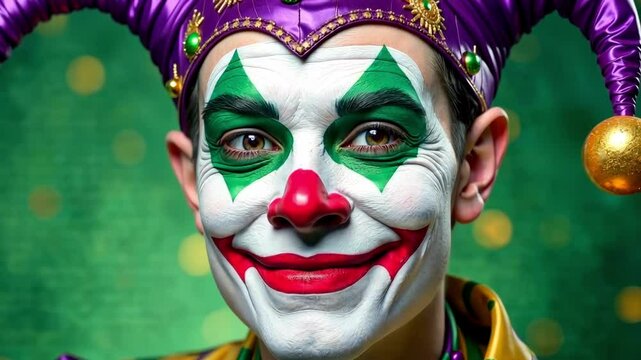 Mardi gras background with A man with a clown face painted on his face is smiling. He is wearing a purple and yellow outfit