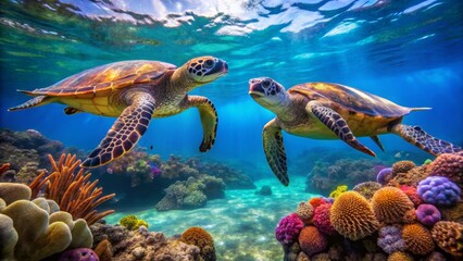 Two Sea Turtles Swimming Among Vibrant Coral Reef Underwater