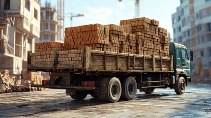 Naklejka premium Construction truck transporting building materials at a busy construction site during daylight hours. Generative AI