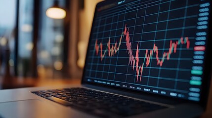 Laptop Displaying Financial Charts and Graphs on Sleek Desk