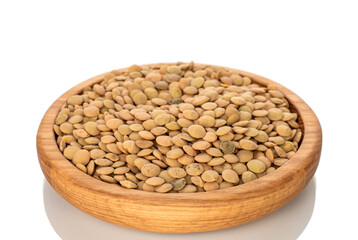 Raw lentils on a wooden plate, isolated on a white background, macro.