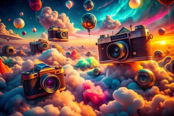 Surreal Floating Cameras in a Dreamlike Landscape