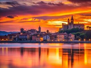Naklejka premium Silhouette of Hondarribia's Coastal Fortress at Sunset