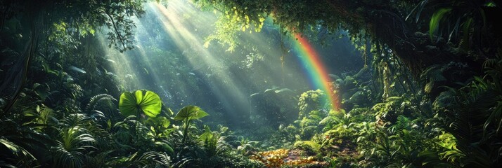 Fototapeta premium A magical forest scene with a rainbow leading to a pot of gold, surrounded by lush green foliage