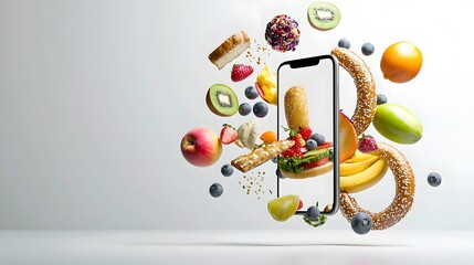 Obraz premium Playful and eye catching 3D depicting various delicious food items such as burgers fries and desserts flying out of a mobile app screen in a dynamic vibrant composition