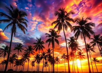 Obraz premium Silhouette of Palm Trees Against a Vibrant Sunset Sky