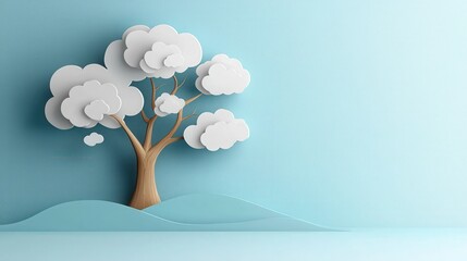 Abstract papercut tree and clouds on a blue background