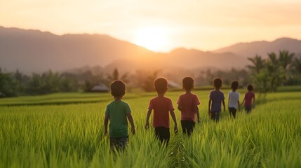 Joyful Rural Kids Playing Together in Lush Green Rice Field at Sunset
