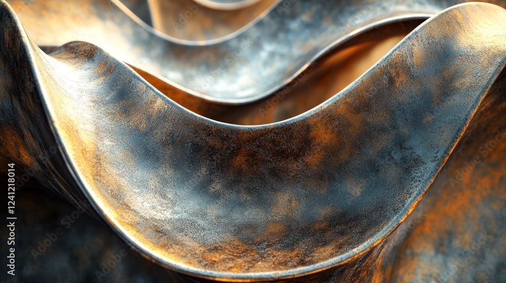 Poster curved metallic waves create a mesmerizing abstract composition in industrial art design. generative