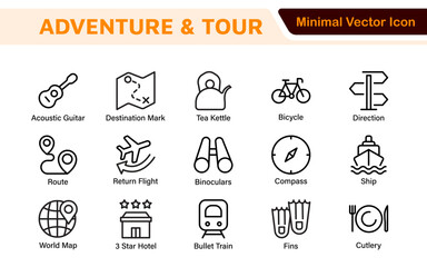 Adventure Icon Set. An exciting collection of icons that captures the spirit of exploration, perfect for travel apps, outdoor websites, and promotional materials for adventure and thrill-seeking.