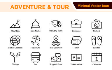 Adventure Icon Set. An exciting collection of icons that captures the spirit of exploration, perfect for travel apps, outdoor websites, and promotional materials for adventure and thrill-seeking.